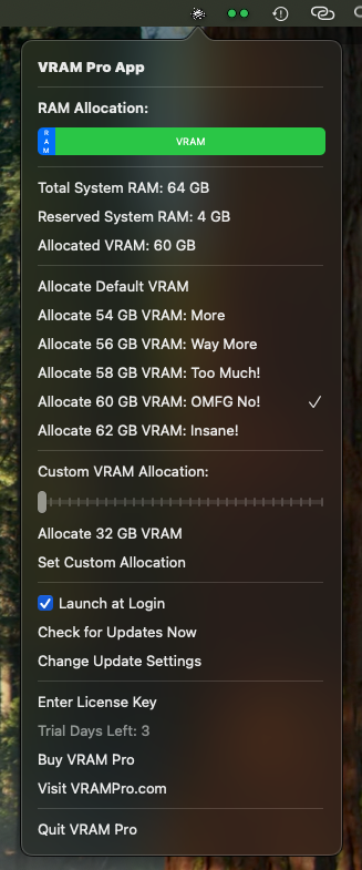Screenshot of VRAMPro macOS user interface showing memory allocation bar and settings